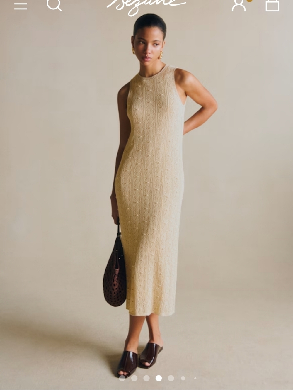 Sézane Wilma Dress Cream Pointelle Knit Midi Sleeveless Cotton Crochet S